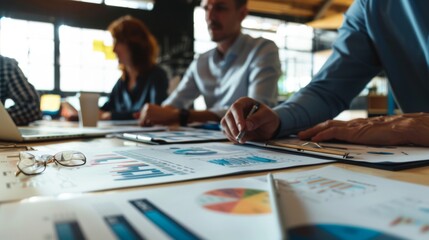 Fototapeta premium A business leader presenting a quarterly report with business graphs and financial data to company stakeholders in a boardroom meeting.