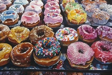 Cute bakery illustration featuring a colorful array of donuts and pastries in watercolor style