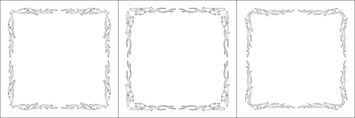Set of three frames. Elegant black and white frame with Scandinavian ornament, decorative border, corners, isolated vector illustration.	
