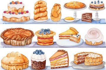 Cute bakery illustration of a display window with cakes, pies, and bread in watercolor style