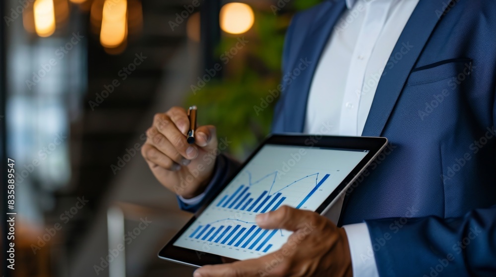 Poster A businessman analyzing a business graph on a digital tablet, strategizing growth plans in a modern office setting.
