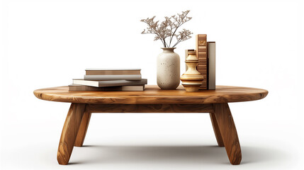 a wooden coffee table with an empty vase and books on it, isolated on white or transparent png background