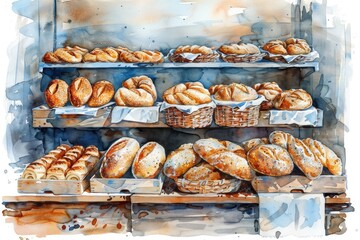 Watercolor illustration of a bakery interior with a cozy atmosphere and delicious smells