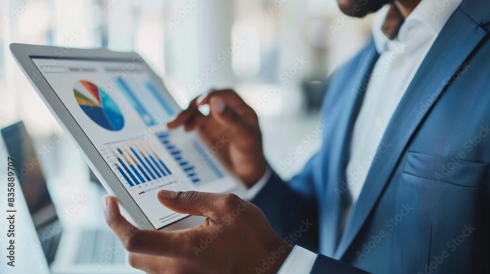 Aufkleber A businessman analyzing a business graph on a digital tablet, strategizing growth plans in a modern office setting.