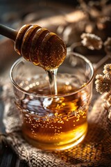 Golden honey drizzling from a honey dipper into a glass jar