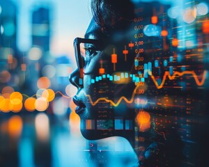 Double exposure of a woman in glasses and financial data overlay, depicting business and technology concepts in a cityscape setting.