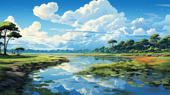 An aerial view of a coastal wetland teeming with wildlife, showcasing the importance of preserving natural habitats and ecosystems for biodiversity and climate resilience. Painting Illustration
