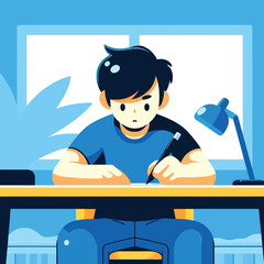 illustration of a young man writing with his left hand
