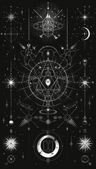 A graphic illustration depicting a celestial composition with multiple phases of the moon, geometric shapes, and stars