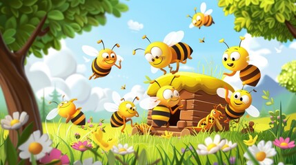 A group of cute cartoon bees happily buzzing around a hive, with flowers and trees in the background