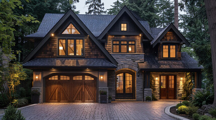 Minimalist craftsman house front with double garage, stone and wood accents