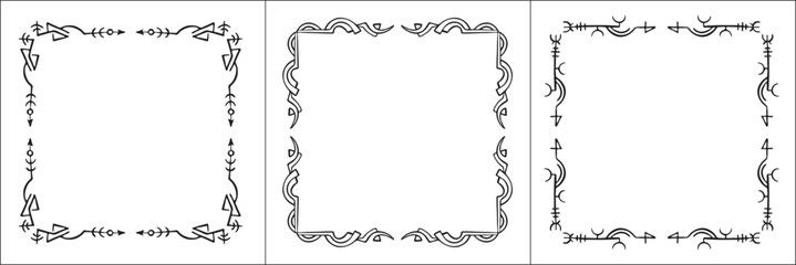 Set of three frames with runes. Elegant black and white frame with Scandinavian ornament, decorative border, corners, isolated vector illustration.	
