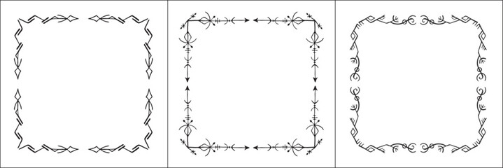 Set of three frames with runes. Elegant black and white frame with Scandinavian ornament, decorative border, corners, isolated vector illustration.	
