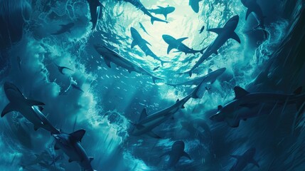 A group of sharks swimming in synchrony, their movements creating a dynamic and captivating scene...