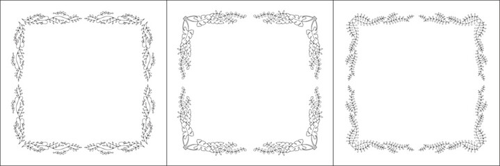 Set of three vegetal vector frames with tropical leaves. Black and white. Vector frame for all sizes and formats. Isolated vector illustration.	
