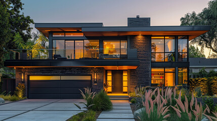 A modern Craftsman house with a sleek, black garage door and a modern, industrial-chic exterior...