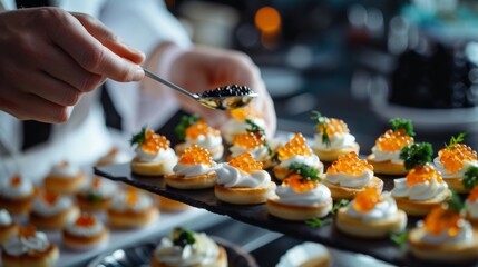 A chef delicately spooning golden caviar onto blinis