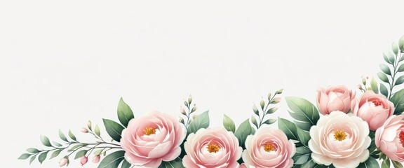 Elegant border of pink and white peonies with lush green leaves on a white background. The delicate floral arrangement is perfect for wedding invitations, greeting cards, and elegant designs.