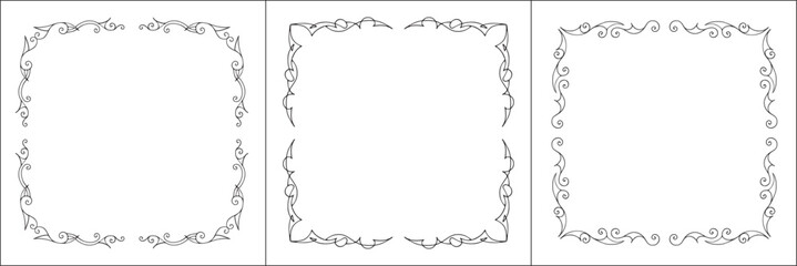 Set of three thin elegant black and white ornamental frame, decorative border, corners for greeting cards, banners, business cards, invitations, menus. Isolated vector illustration.	