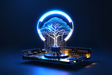 Obraz premium Glowing light bulb with tree circuit board inside on dark blue background,desnig illustration. 