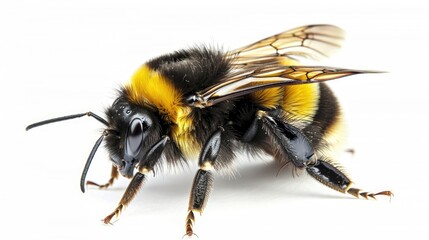 A high-resolution image of a bumblebee perched on a white background, showcasing its striped abdomen and delicate wings