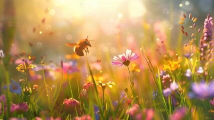 A honeybee buzzing through a vibrant meadow, surrounded by colorful wildflowers, with sunlight streaming and a gentle breeze