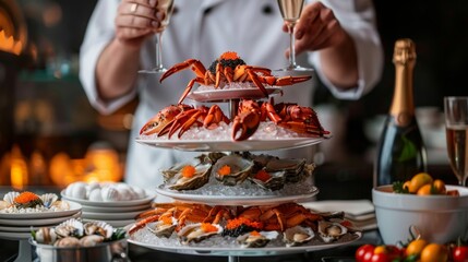A chef preparing a gourmet seafood tower with layers of crab legs, lobster tails, and caviar-topped oysters, served with champagne.