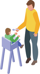 Isometric view of a caring dad giving food to his toddler sitting in a high chair