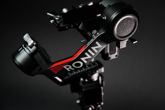 DJI RS4 Gimbal on dark background. Electronic steadicam DJI for camera stabilization