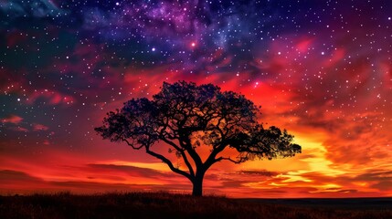 Lone tree under a vibrant night sky with stars and colorful sunset