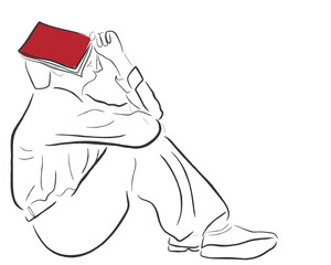 hand drawn line art vector of a modern woman sitting laid back on sofa reading the red book.