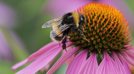 A macro shot of a bee on a purple coneflower, deeply engaged in nectar collection, with the flower