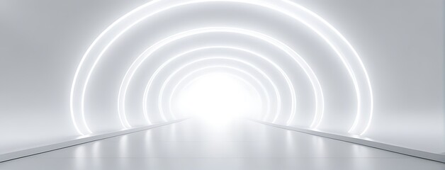 Obraz premium White Background 3D Room with Light Abstract Space. Technology Tunnel Stage Floor. Empty White Future 3D Neon Background Studio. Futuristic Corridor, Modern Interior, Silver Road, Black Wall Design.
