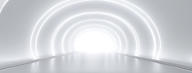 White Background 3D Room with Light Abstract Space. Technology Tunnel Stage Floor. Empty White Future 3D Neon Background Studio. Futuristic Corridor, Modern Interior, Silver Road, Black Wall Design.