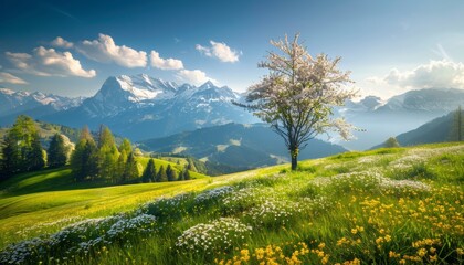 Fototapeta premium Idyllic mountain landscape with stunning blooming meadows on a sunny day in the picturesque alps