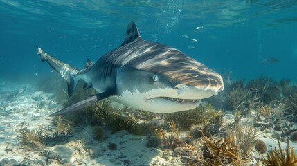 Obraz premium A close-up of a tiger shark's face as it patrols the reef, its distinctive stripes and powerful jaws visible in the clear water.