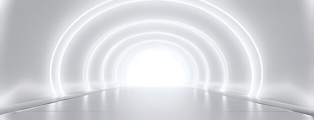 Obraz premium White Background 3D Room with Light Abstract Space. Technology Tunnel Stage Floor. Empty White Future 3D Neon Background Studio. Futuristic Corridor, Modern Interior, Silver Road, Black Wall Design.