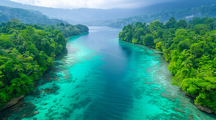Stunning aerial view of a vivid turquoise river amidst lush green forests