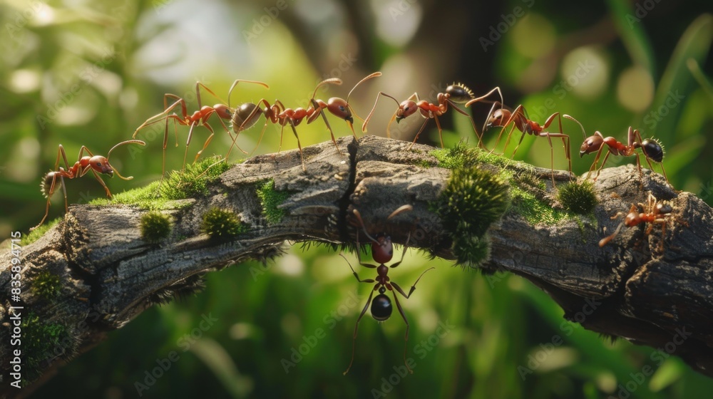 Aufkleber A close-up of ants building a bridge with their bodies to traverse an obstacle, showcasing their problem-solving abilities and teamwork.