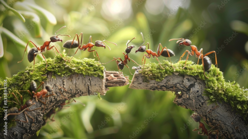 Poster A close-up of ants building a bridge with their bodies to traverse an obstacle, showcasing their problem-solving abilities and teamwork.