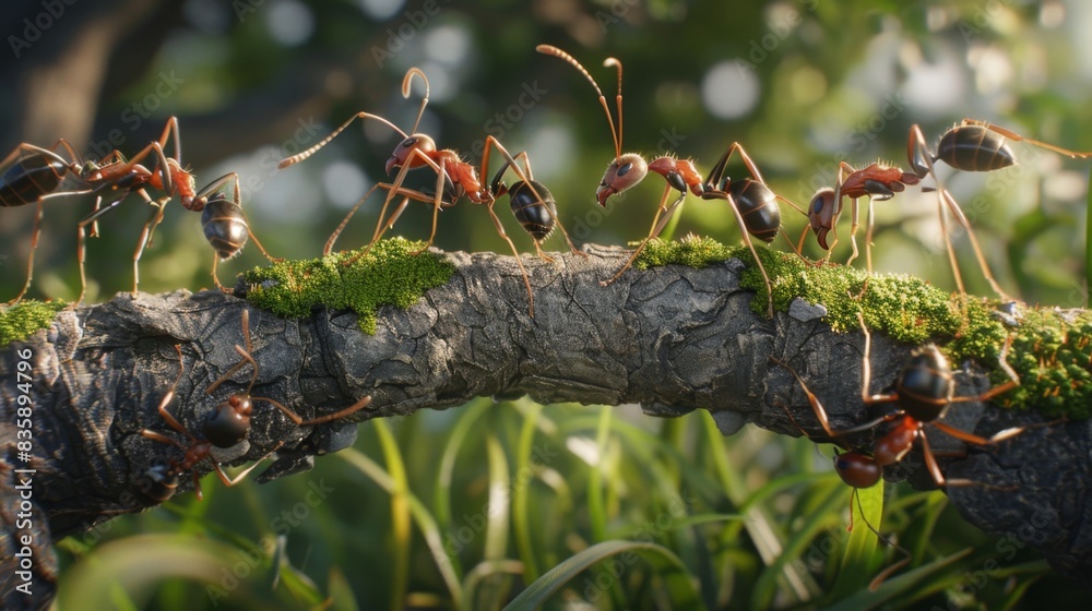 Aufkleber A close-up of ants building a bridge with their bodies to traverse an obstacle, showcasing their problem-solving abilities and teamwork.