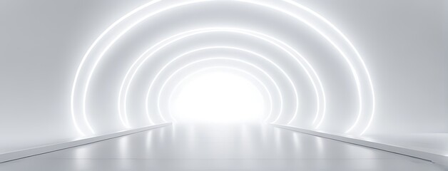 Naklejka premium White Background 3D Room with Light Abstract Space. Technology Tunnel Stage Floor. Empty White Future 3D Neon Background Studio. Futuristic Corridor, Modern Interior, Silver Road, Black Wall Design.