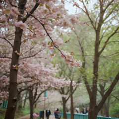 Fototapeta premium a many people walking down the path in the park