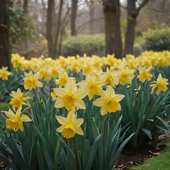 yellow daffodils in a field of green grass in a park