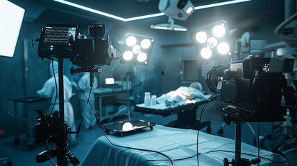 hundrets of photocameras on rigs around the op table with patient in a medical operating room,generative ai