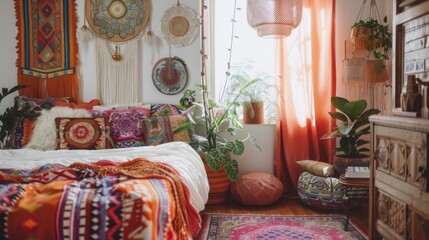 A bohemian bedroom filled with vibrant colors, patterned textiles, and an eclectic mix of decor items --ar 16:9 --style raw Job ID: 71195a12-744e-4e49-a11a-f4ad5b3b9a6a