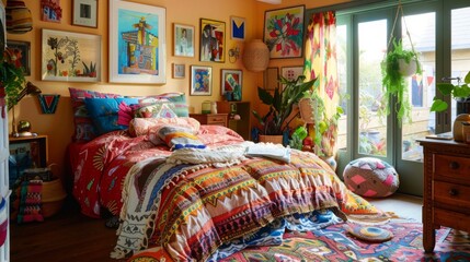 A bohemian bedroom filled with vibrant colors, patterned textiles, and an eclectic mix of decor items --ar 16:9 --style raw Job ID: 71195a12-744e-4e49-a11a-f4ad5b3b9a6a