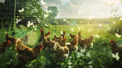 A group of happy freerange chickens pecking at a robotic feeder surrounded by lush green pastures.