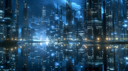 A futuristic cityscape at night, with towering metallic skyscrapers illuminated by vibrant lights and reflections