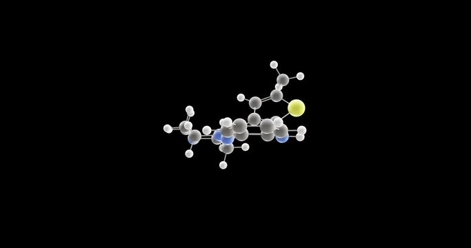 Olanzapine molecule, rotating 3D model of atypical antipsychotics, looped video on a black background
